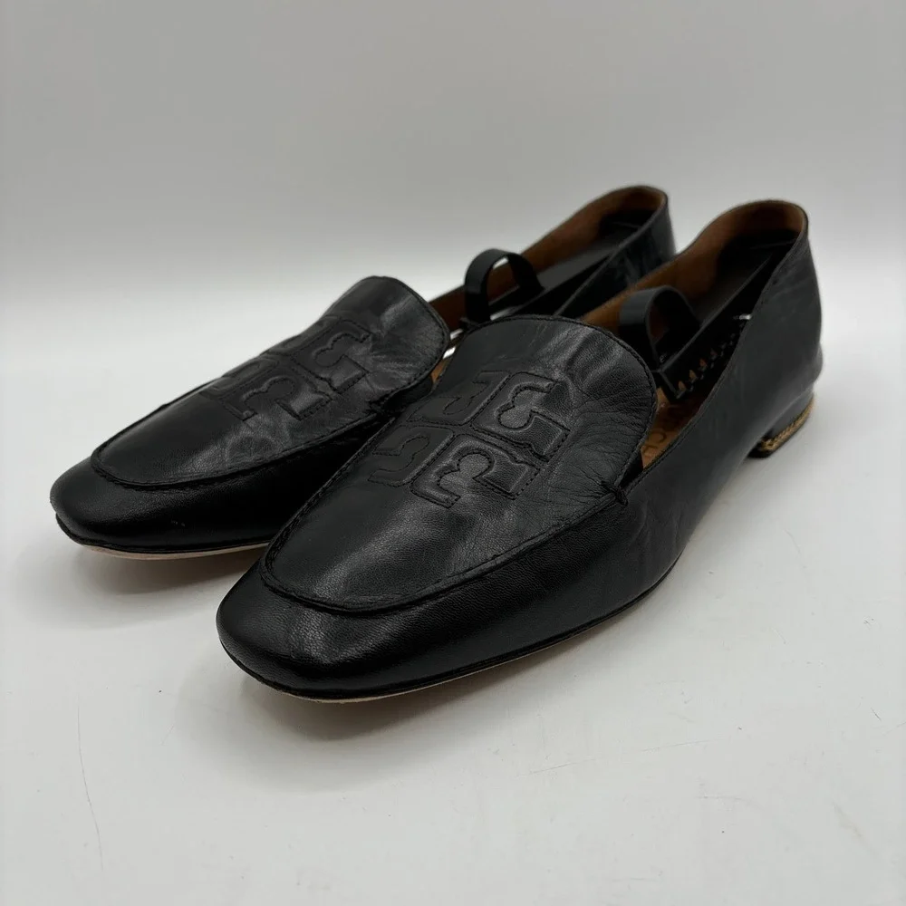 Tory Burch Ruby Loafers Women's 10 M Black Leather Chain Heel Embossed Logo